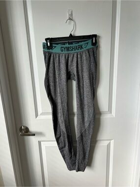 Gymshark Grey Leggings with Teal Logo Waistband